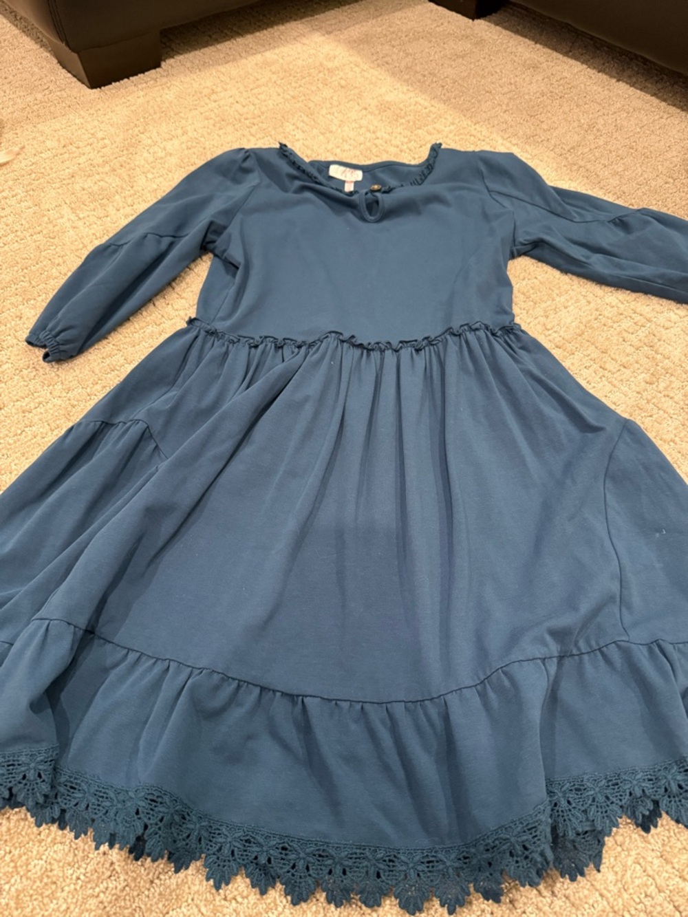 Matilda Jane Teal Blue Long Sleeve Dress with Crochet Hem